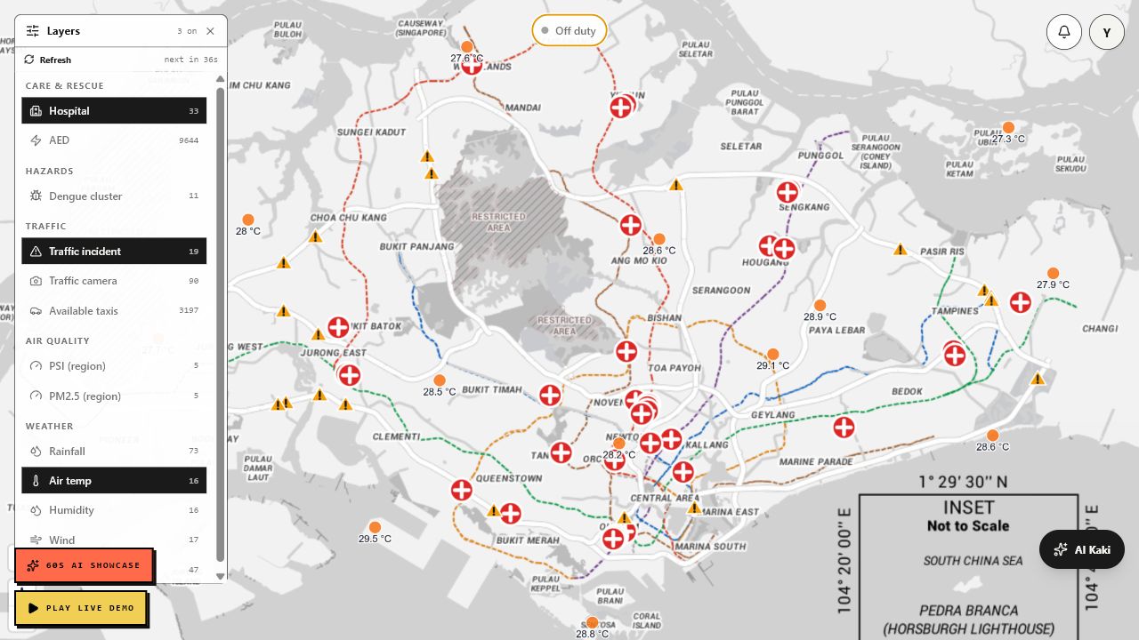 Responder view showing duty state and the shared map